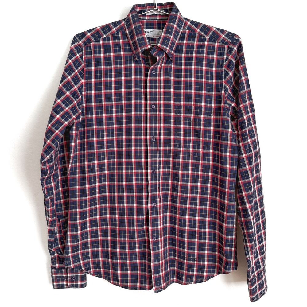 Vintage GANT Rugger Plaid Shirt Small S Red Navy Cotton USA Preppy
